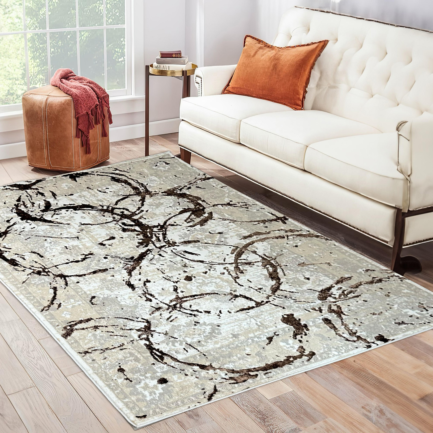 3" X 5" Beige and Gold Abstract Area Rug