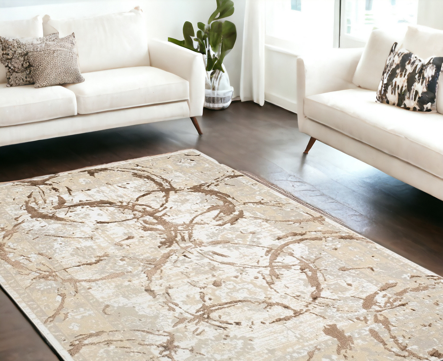 8" X 11" Beige and Gold Abstract Area Rug