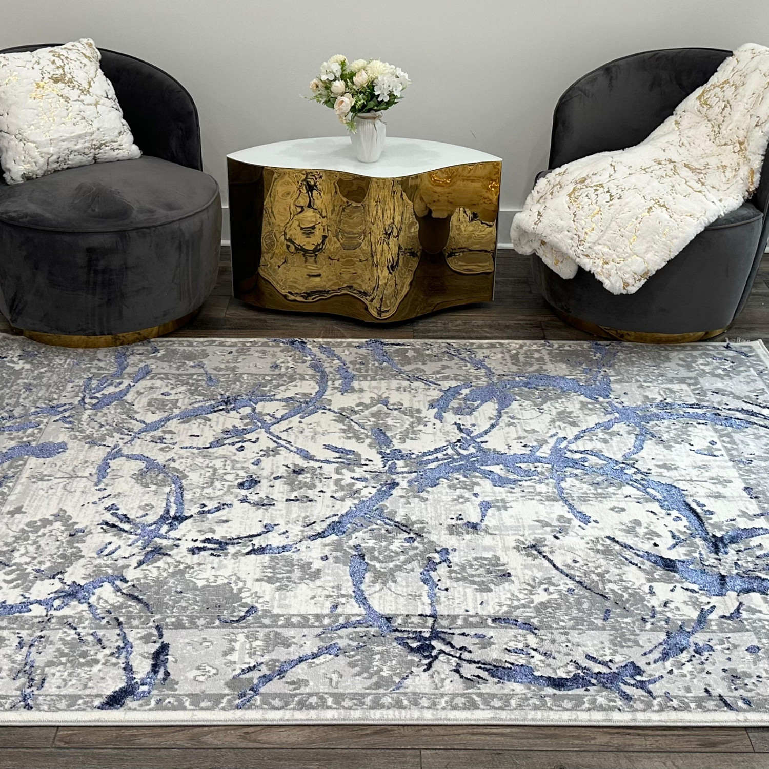 9" X 12" Blue and Gray Abstract Area Rug
