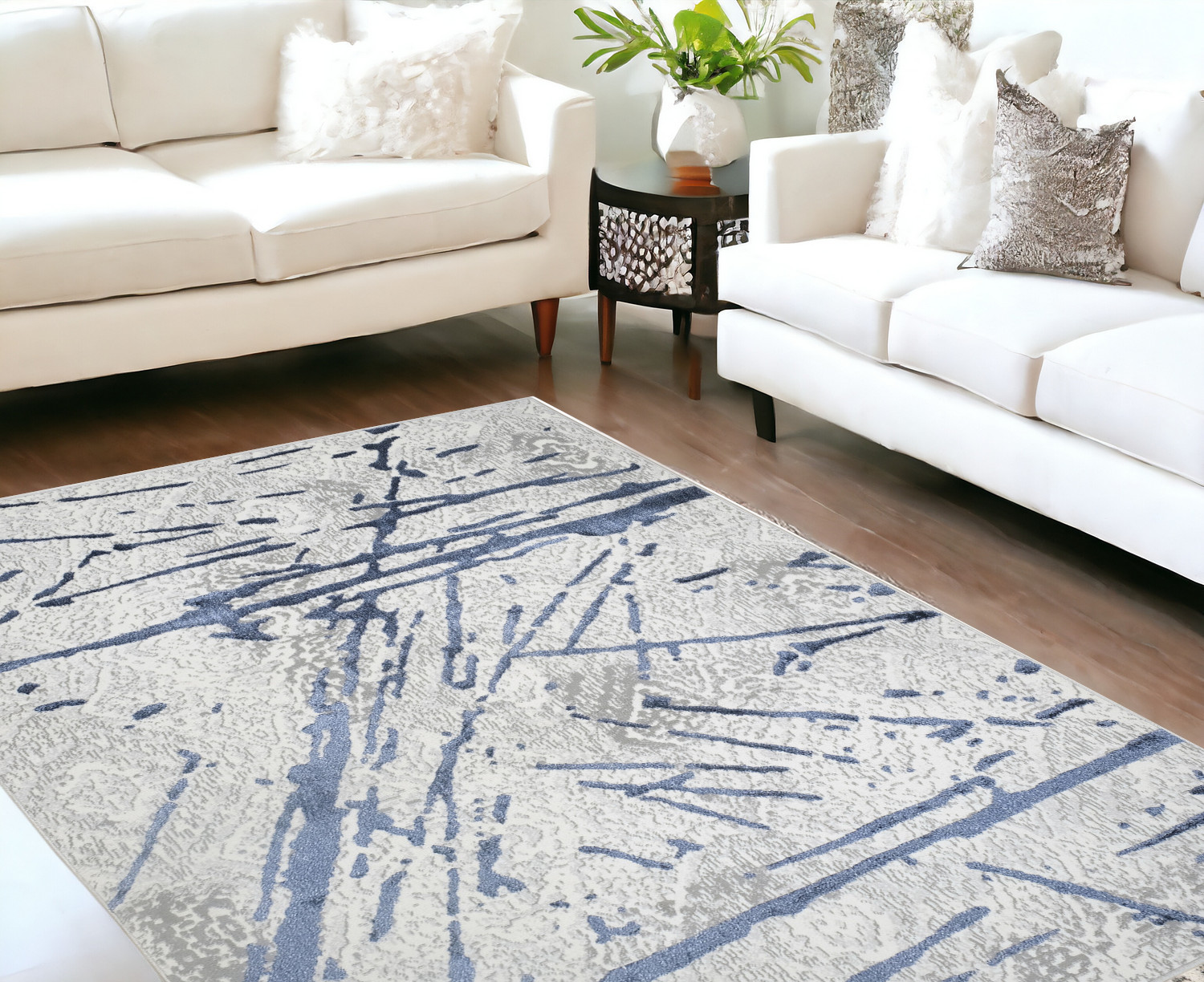 5" X 8" Ivory and Blue Abstract Area Rug
