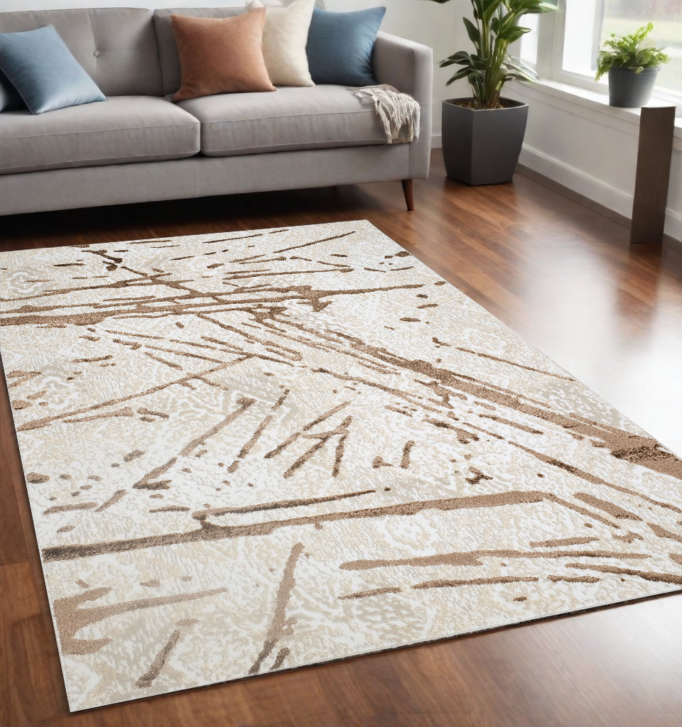 5" X 8" Ivory and Brown Abstract Area Rug
