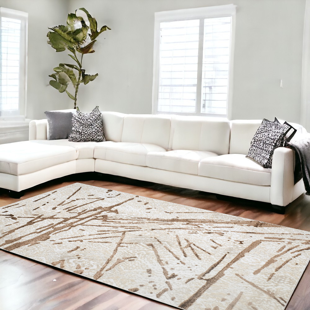 8" X 11" Ivory and Brown Abstract Area Rug