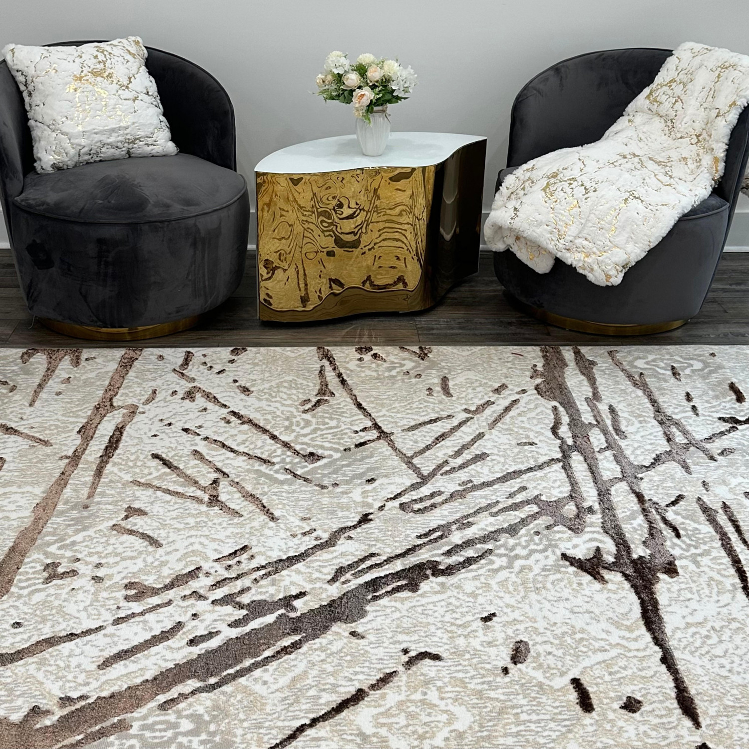 8" X 11" Ivory and Brown Abstract Area Rug