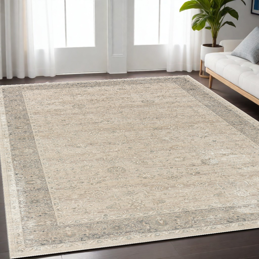 5' X 8' Beige and Ivory Floral Area Rug-554380-1