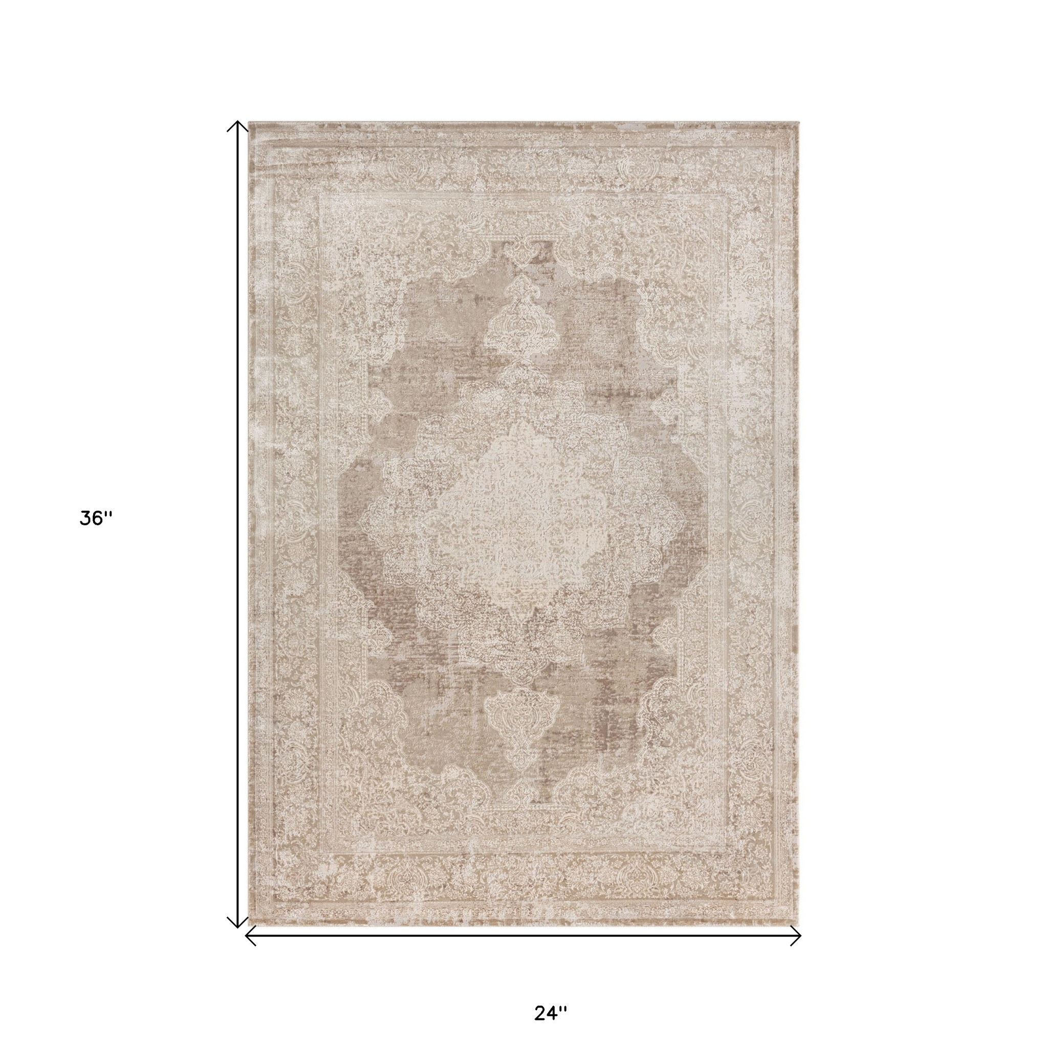 2" X 3" Beige and Ivory Medallion Area Rug