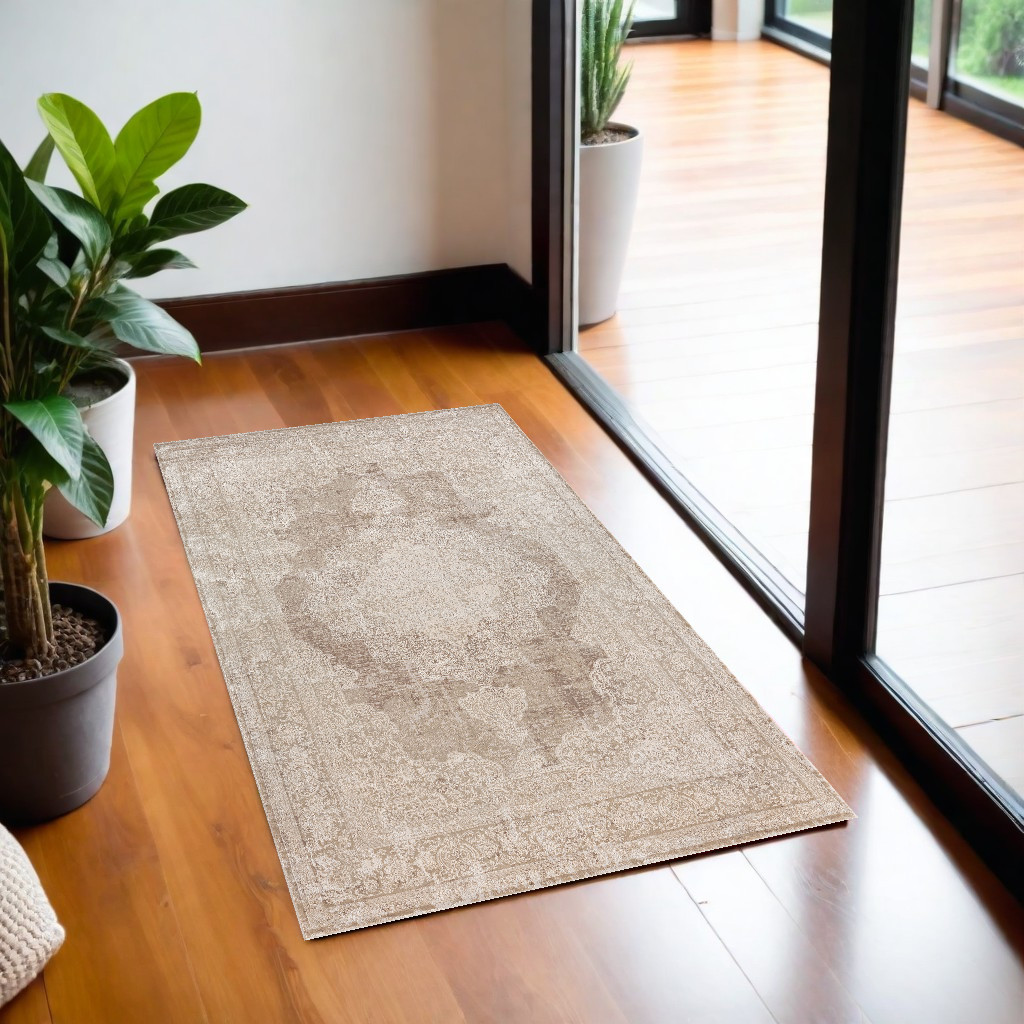 2" X 3" Beige and Ivory Medallion Area Rug