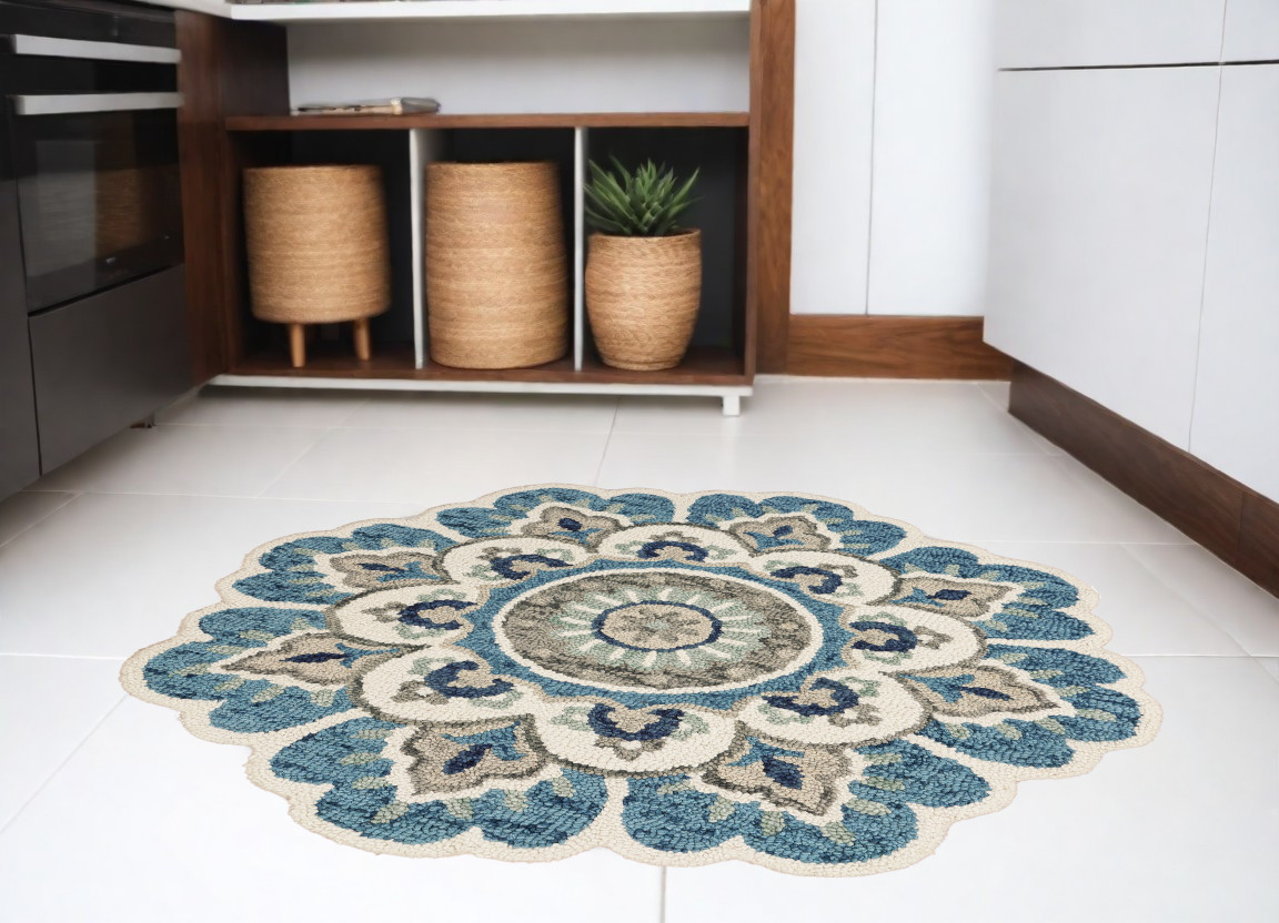 5' Blue and Ivory Round Wool Floral Hand Tufted Area Rug-554451-1