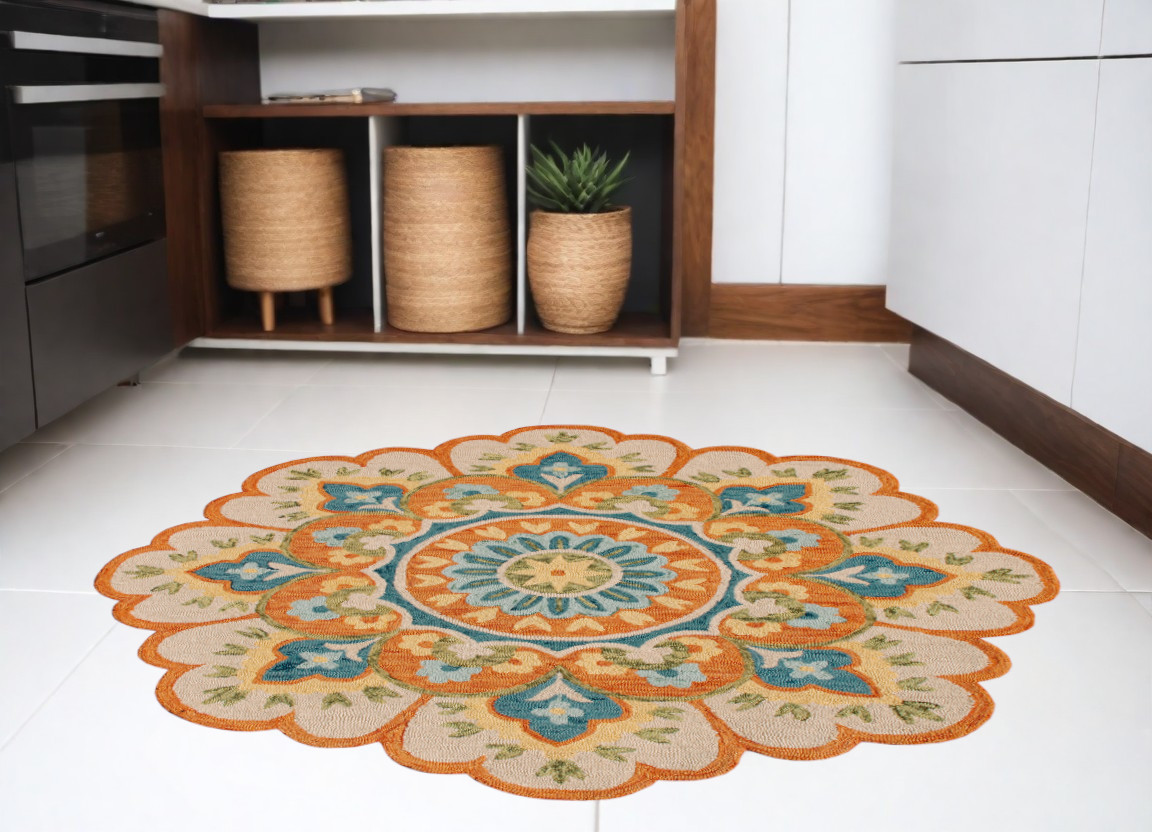 4' Orange and Blue Round Wool Floral Hand Tufted Area Rug-554452-1