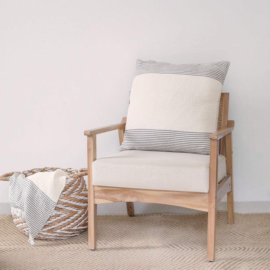 22" Gray and Ivory Striped Cotton Throw Pillow
