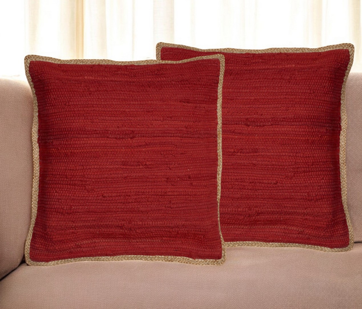Set of Two 20" Red Cotton And Jute Throw Pillows with Texture-554566-1