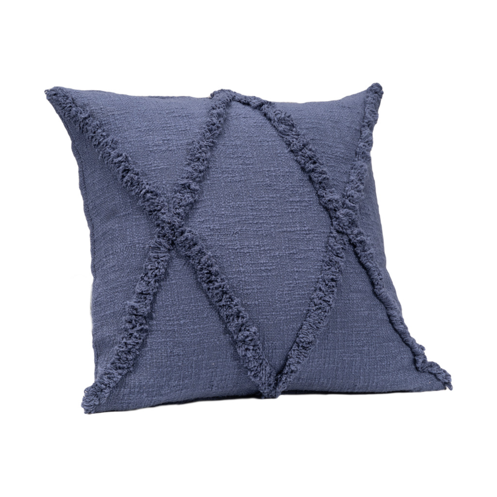 Set of Two Blue Diamond Cotton Throw Pillow With Fringe
