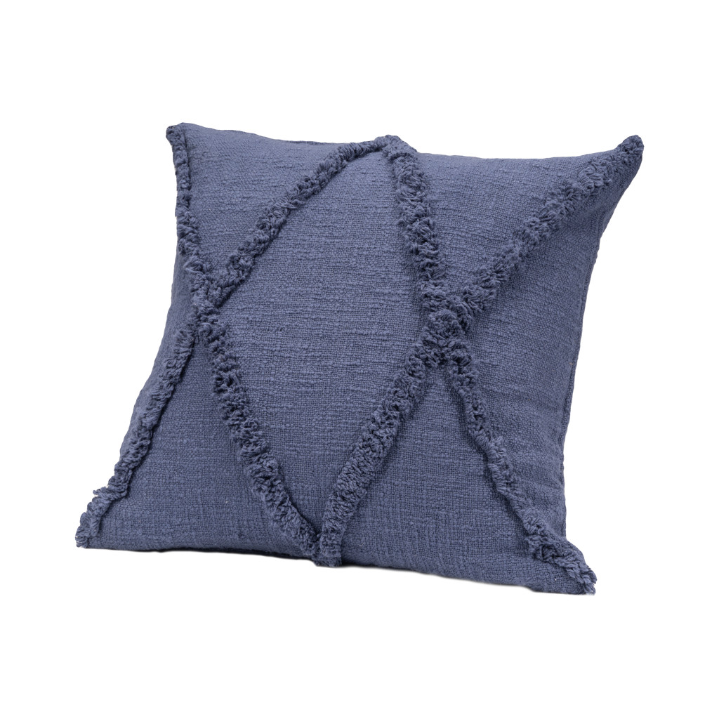 Set of Two Blue Diamond Cotton Throw Pillow With Fringe