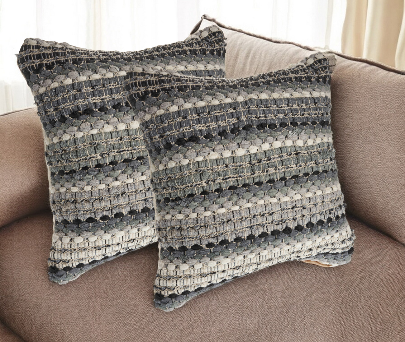 Set of Two 18" Black Gray and Ivory Striped Cotton Blend Throw Pillows with Texture-554584-1