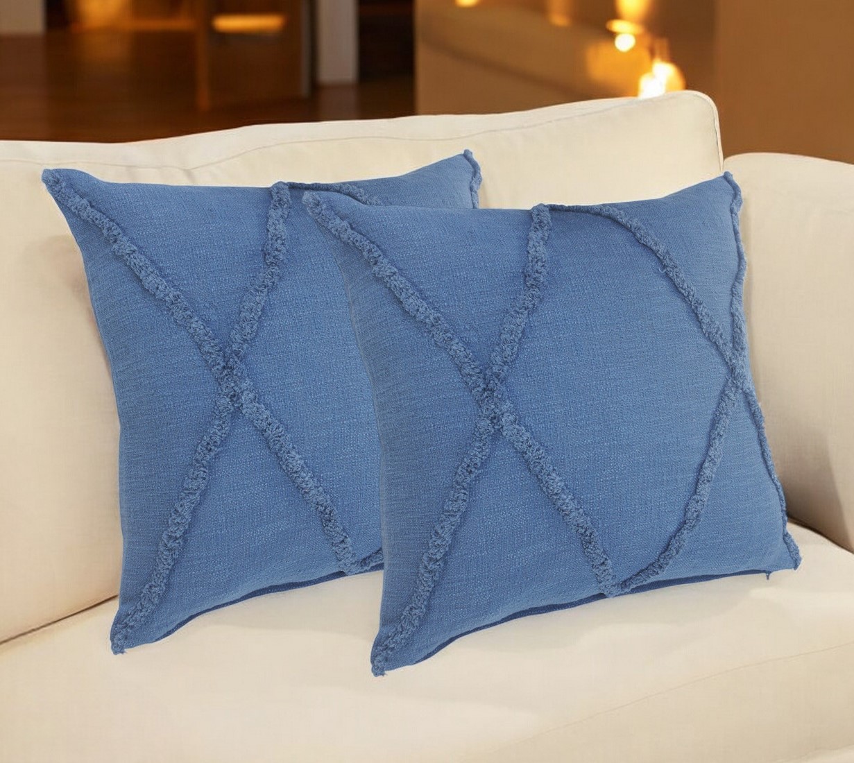 Set of Two Blue Diamond Cotton Throw Pillow With Fringe