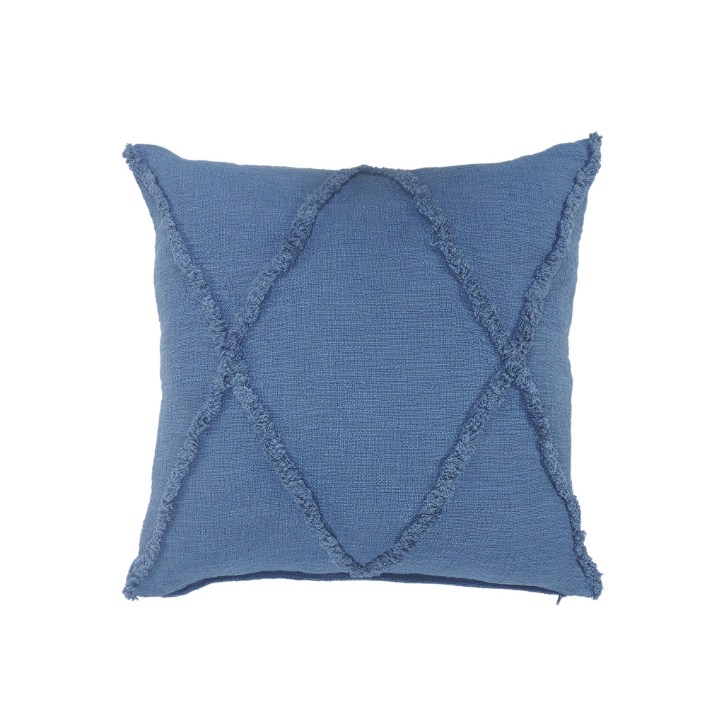 Set of Two Blue Diamond Cotton Throw Pillow With Fringe