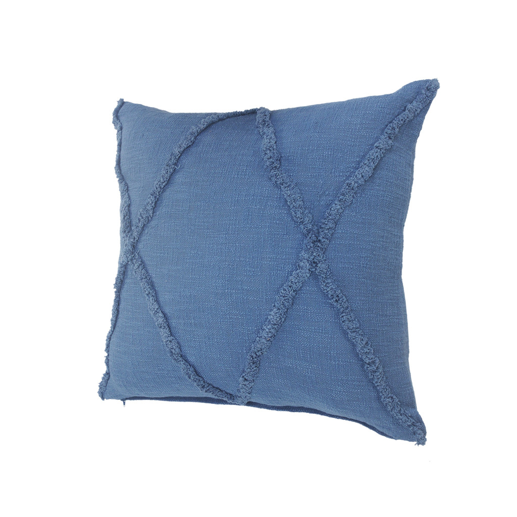 Set of Two Blue Diamond Cotton Throw Pillow With Fringe