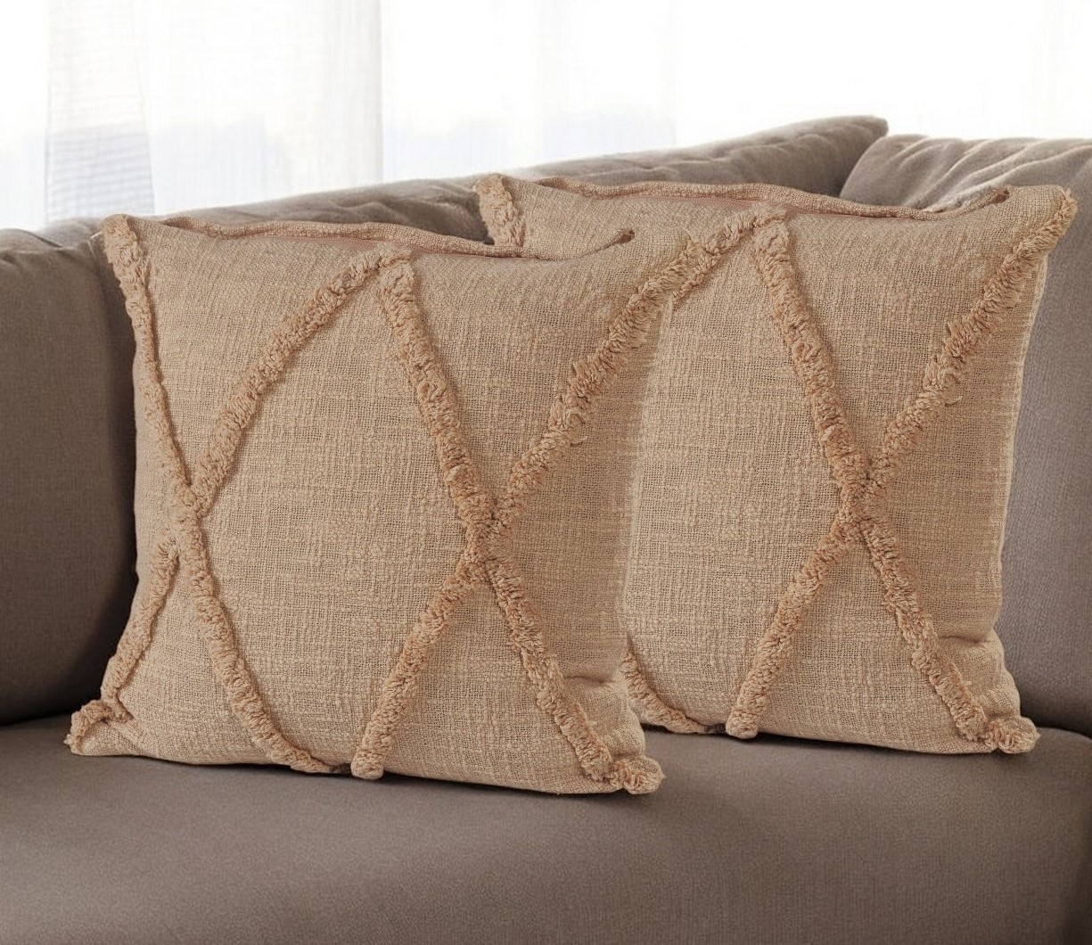 Set of Two Tan Diamond Cotton Throw Pillow With Fringe