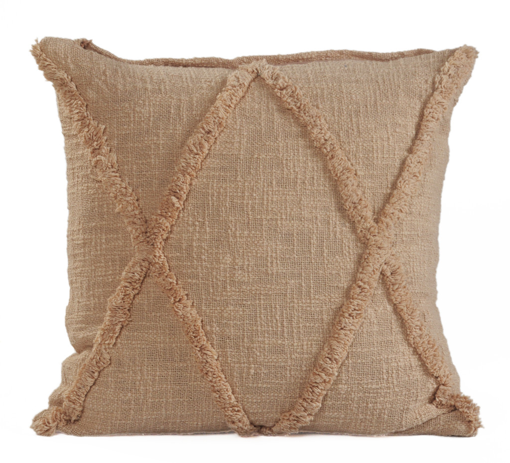 Set of Two Tan Diamond Cotton Throw Pillow With Fringe