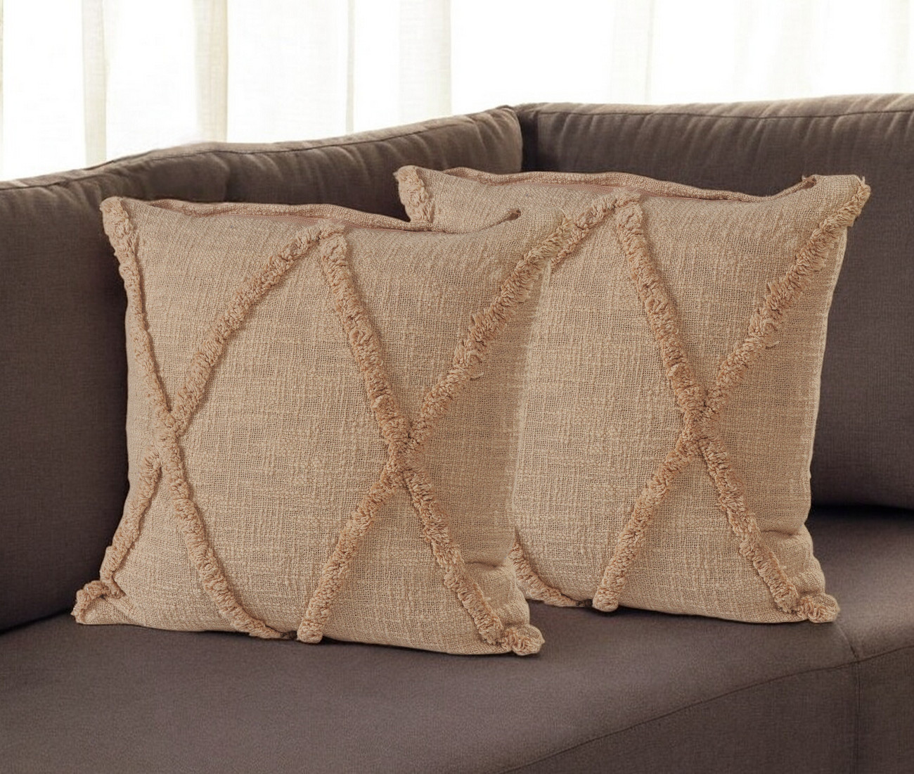 Set of Two Tan Diamond Cotton Throw Pillow With Fringe