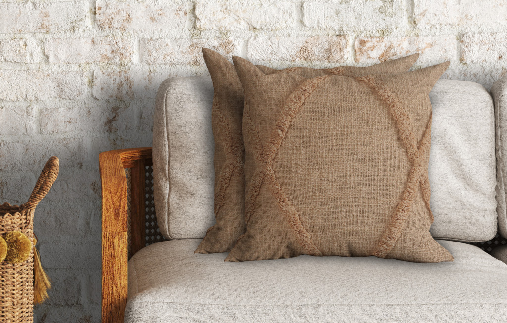 Set of Two Tan Diamond Cotton Throw Pillow With Fringe