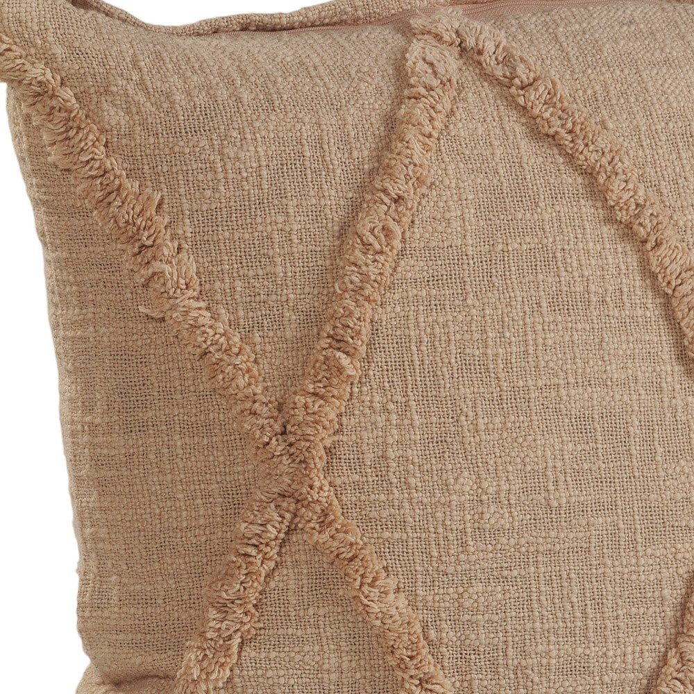 Set of Two Tan Diamond Cotton Throw Pillow With Fringe