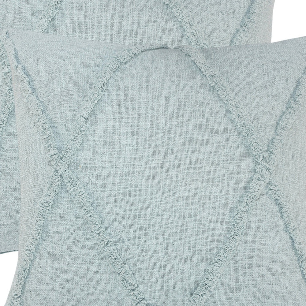 Set of Two Blue Diamond Cotton Throw Pillow With Fringe