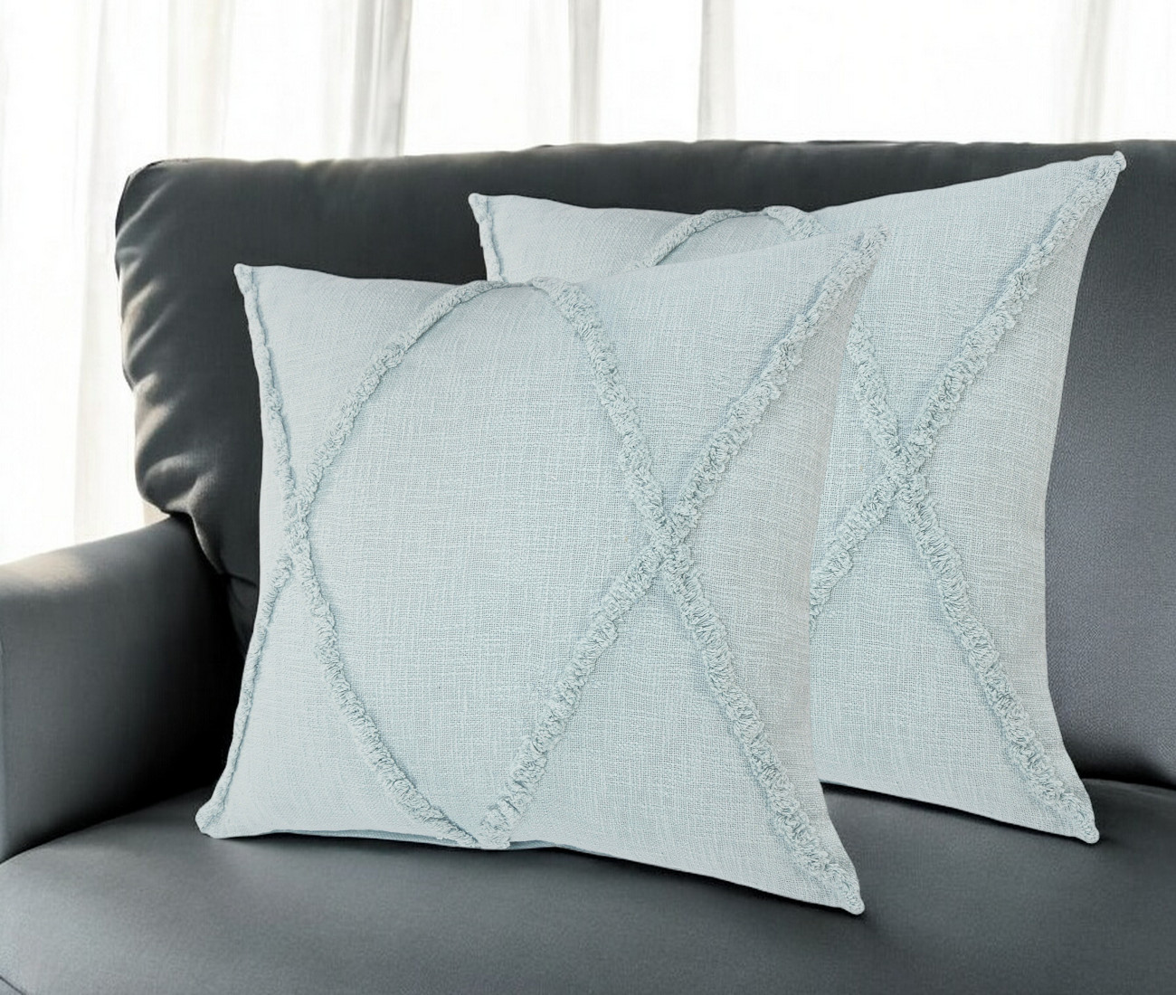 Set of Two Blue Diamond Cotton Throw Pillow With Fringe