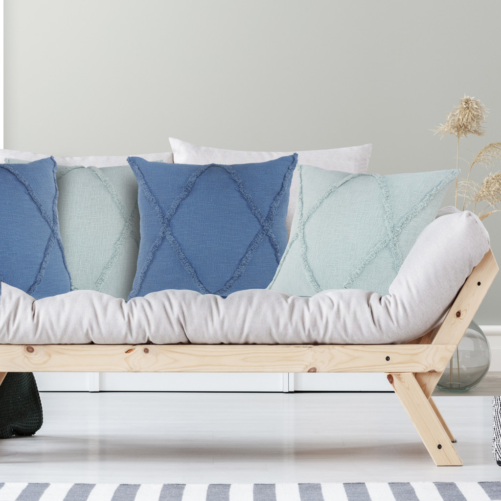 Set of Two Blue Diamond Cotton Throw Pillow With Fringe