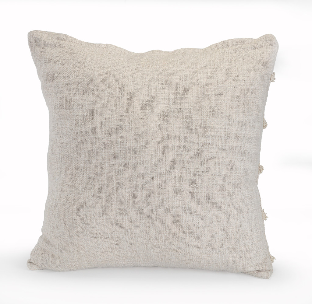 Set of Two Beige Ribbed Cotton Throw Pillow With Fringe
