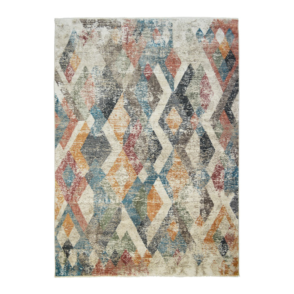2" X 3" Beige Blue and Gray Geometric Distressed Area Rug With Fringe