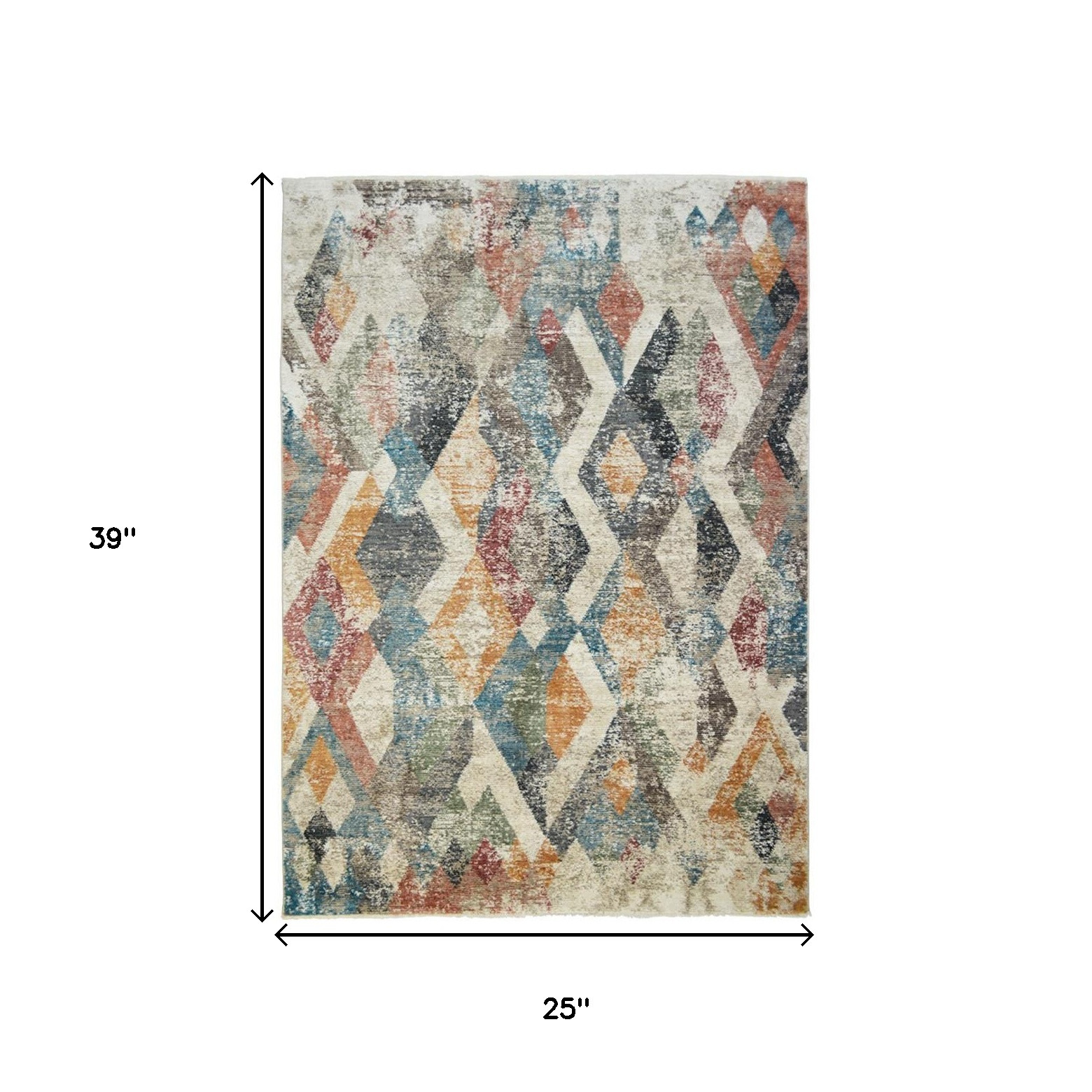 2" X 3" Beige Blue and Gray Geometric Distressed Area Rug With Fringe
