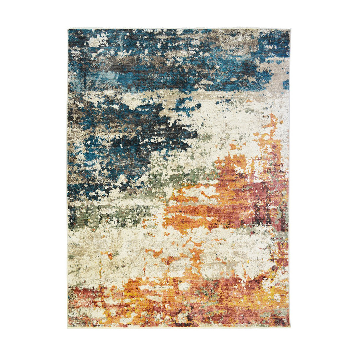 2" X 3" Beige Blue and Ivory Abstract Distressed Area Rug With Fringe