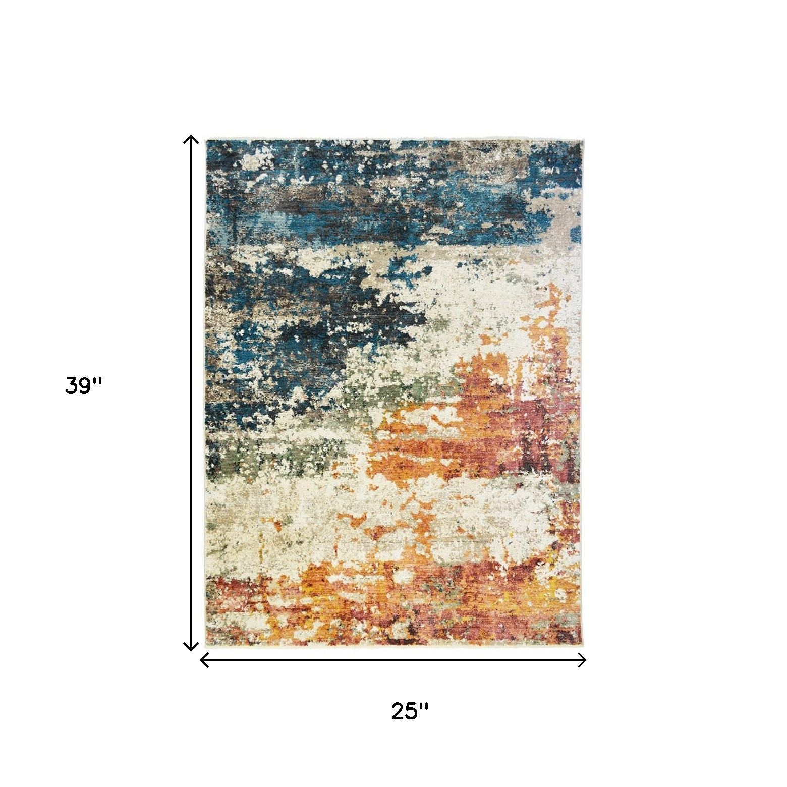 2" X 3" Beige Blue and Ivory Abstract Distressed Area Rug With Fringe