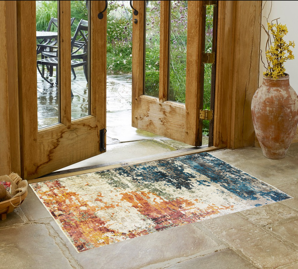 2" X 3" Beige Blue and Ivory Abstract Distressed Area Rug With Fringe