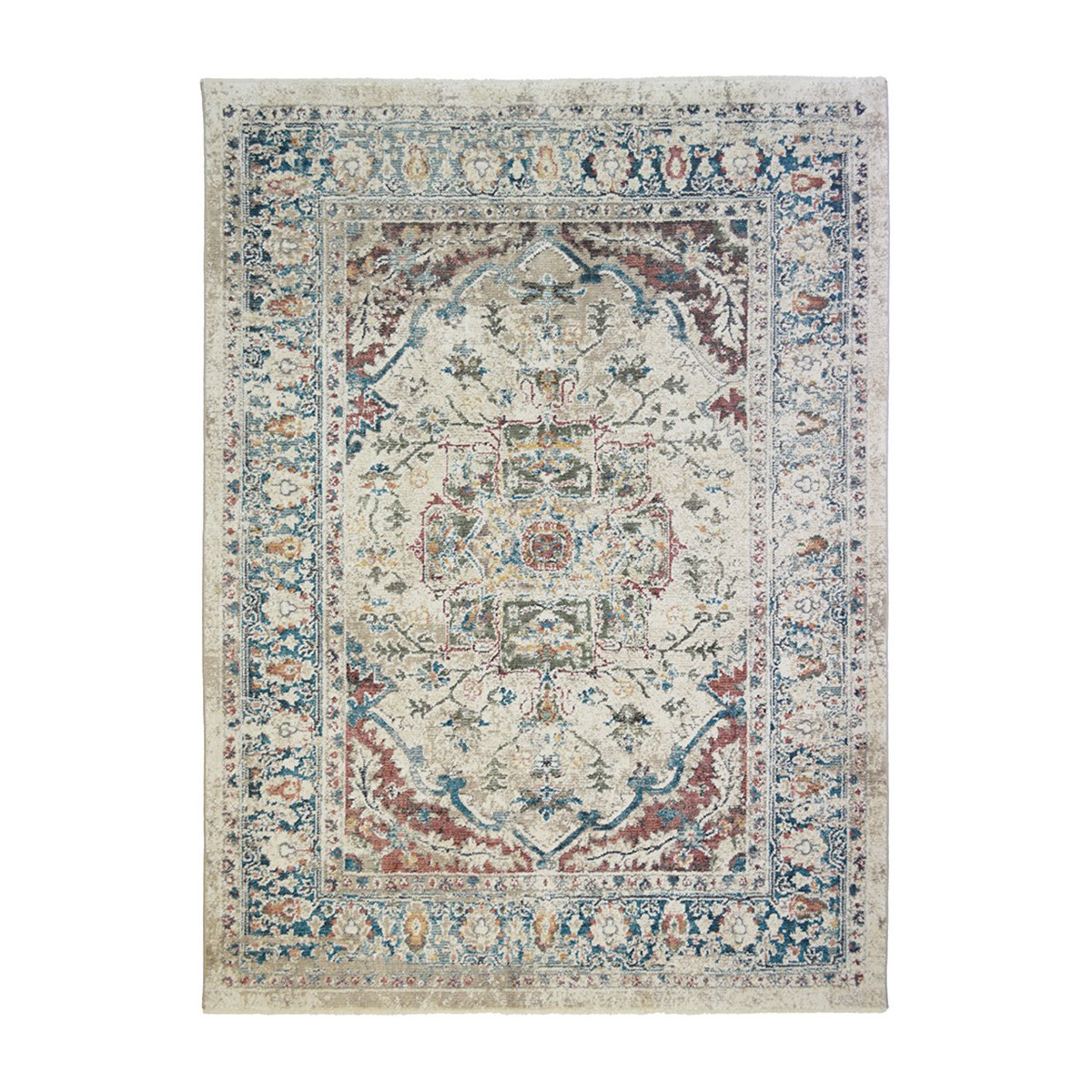 2" X 3" Ivory Blue and Gray Oriental Distressed Area Rug With Fringe