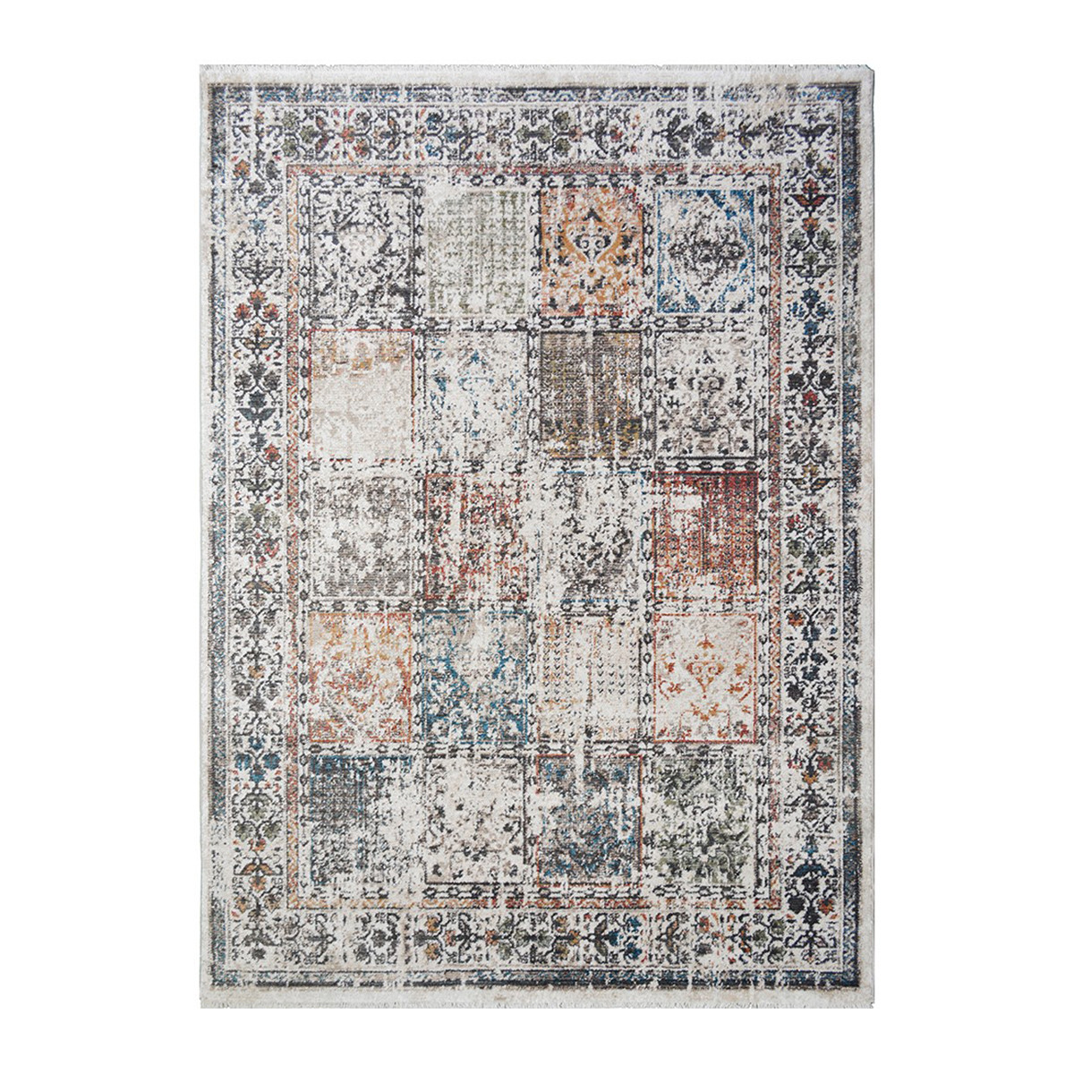 2" X 3" Ivory Blue and Gray Patchwork Distressed Area Rug With Fringe