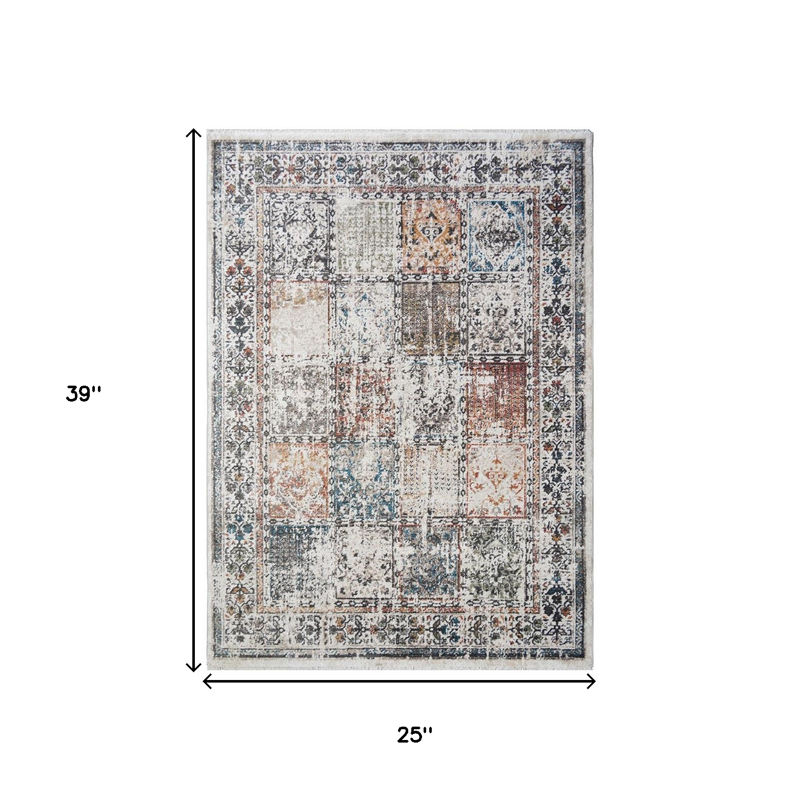 2" X 3" Ivory Blue and Gray Patchwork Distressed Area Rug With Fringe