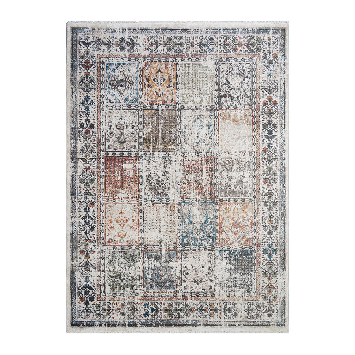 2" X 3" Ivory Blue and Gray Patchwork Distressed Area Rug With Fringe