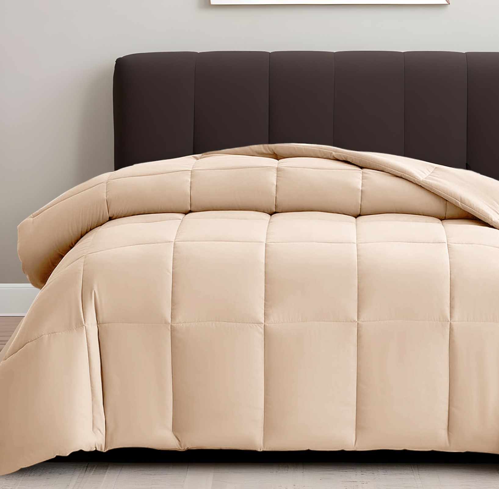 Beige Twin Box Stitch Microfiber Down Alternative Comforter