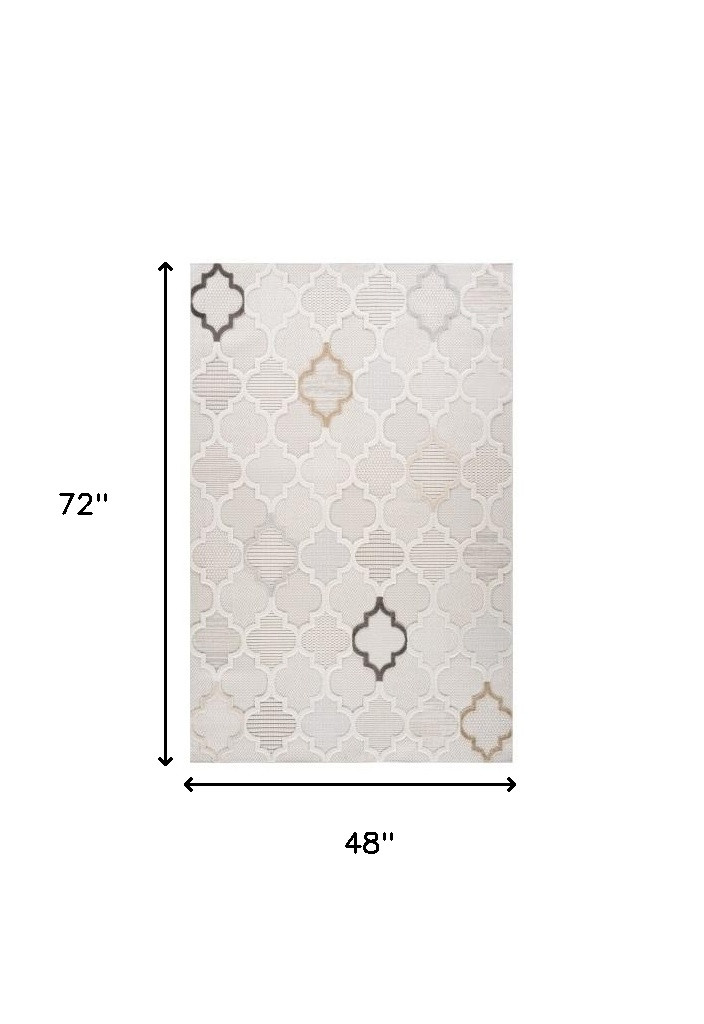 4" X 6" Cream and Beige Geometric Distressed Area Rug