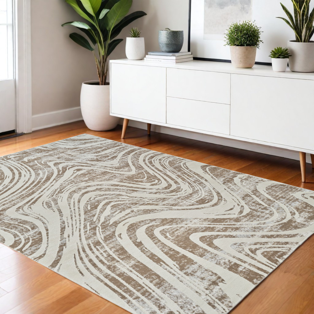 4" X 6" Beige and Brown Abstract Distressed Area Rug