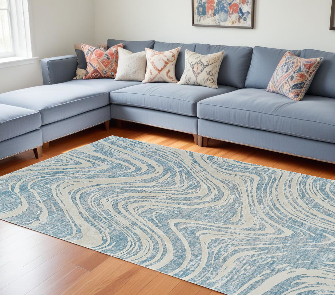 7" X 10" Blue and Beige Abstract Distressed Area Rug