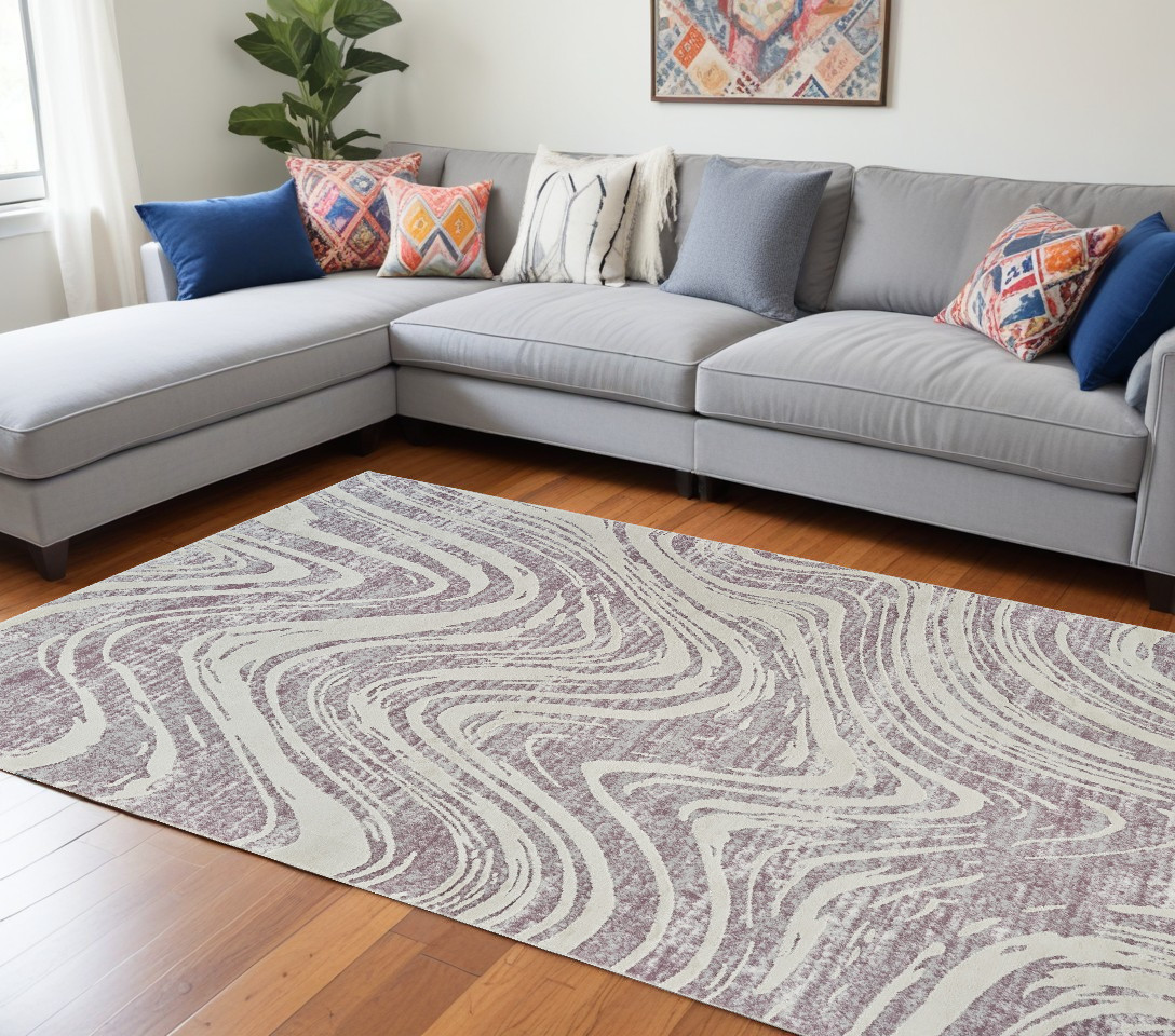 7" X 10" Beige and Purple Abstract Distressed Area Rug