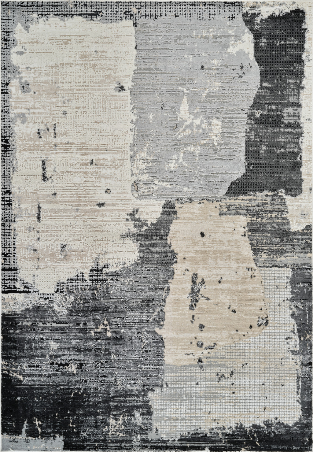 7" X 10" Beige and Black Abstract Distressed Area Rug