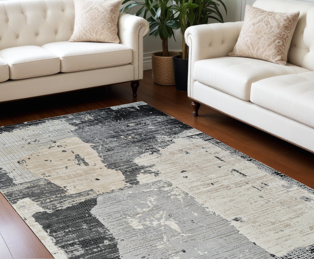 8" X 11" Beige and Black Abstract Distressed Area Rug