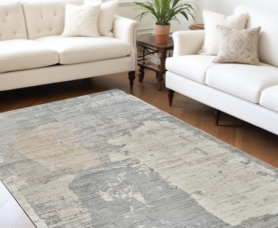 8" X 11" Cream and Beige Abstract Distressed Area Rug