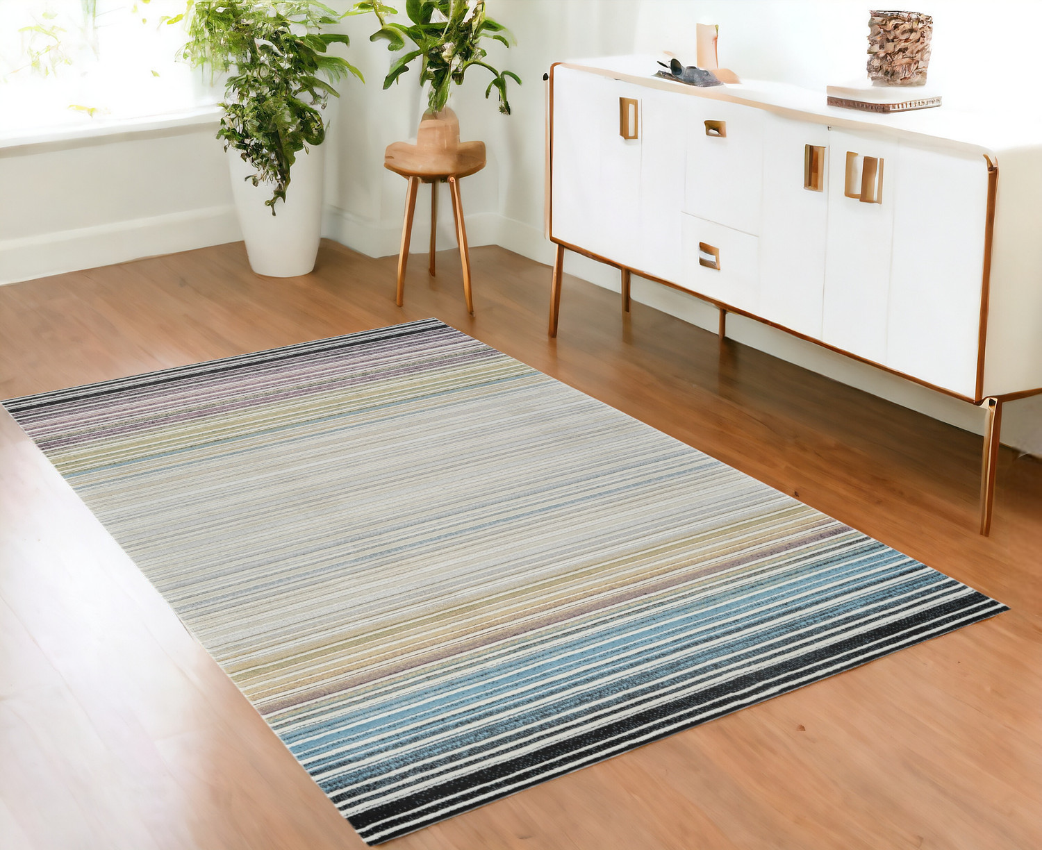 4" X 6" Beige and Blue Abstract Distressed Area Rug