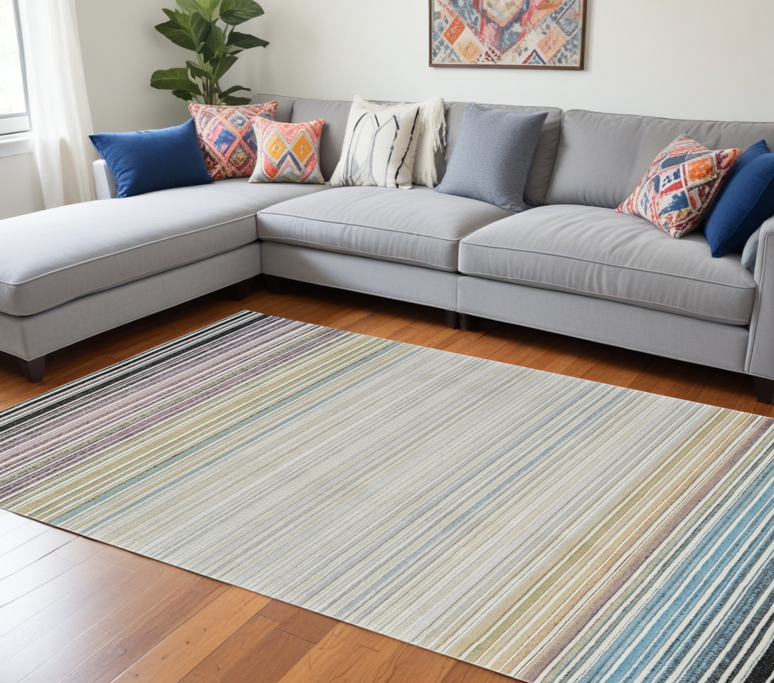 7" X 10" Beige and Blue Abstract Distressed Area Rug