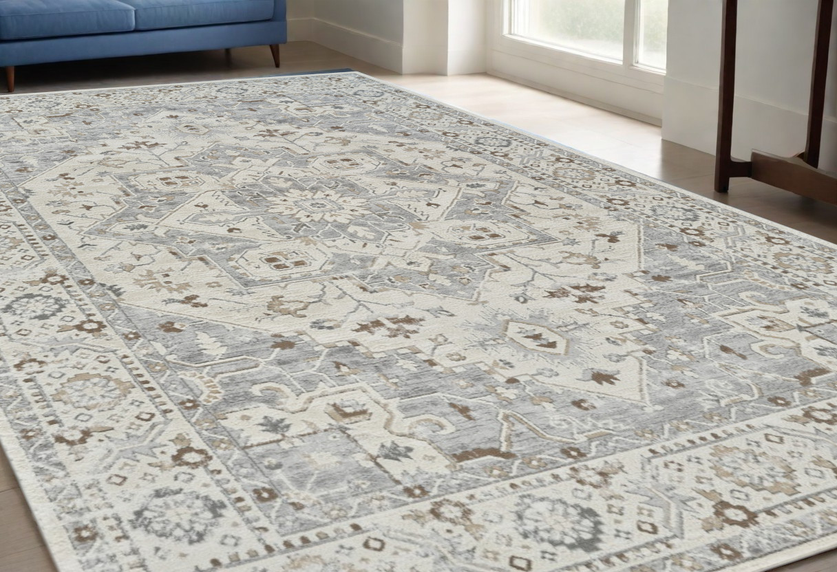 5" X 8" Gray and Beige Oriental Distressed Area Rug