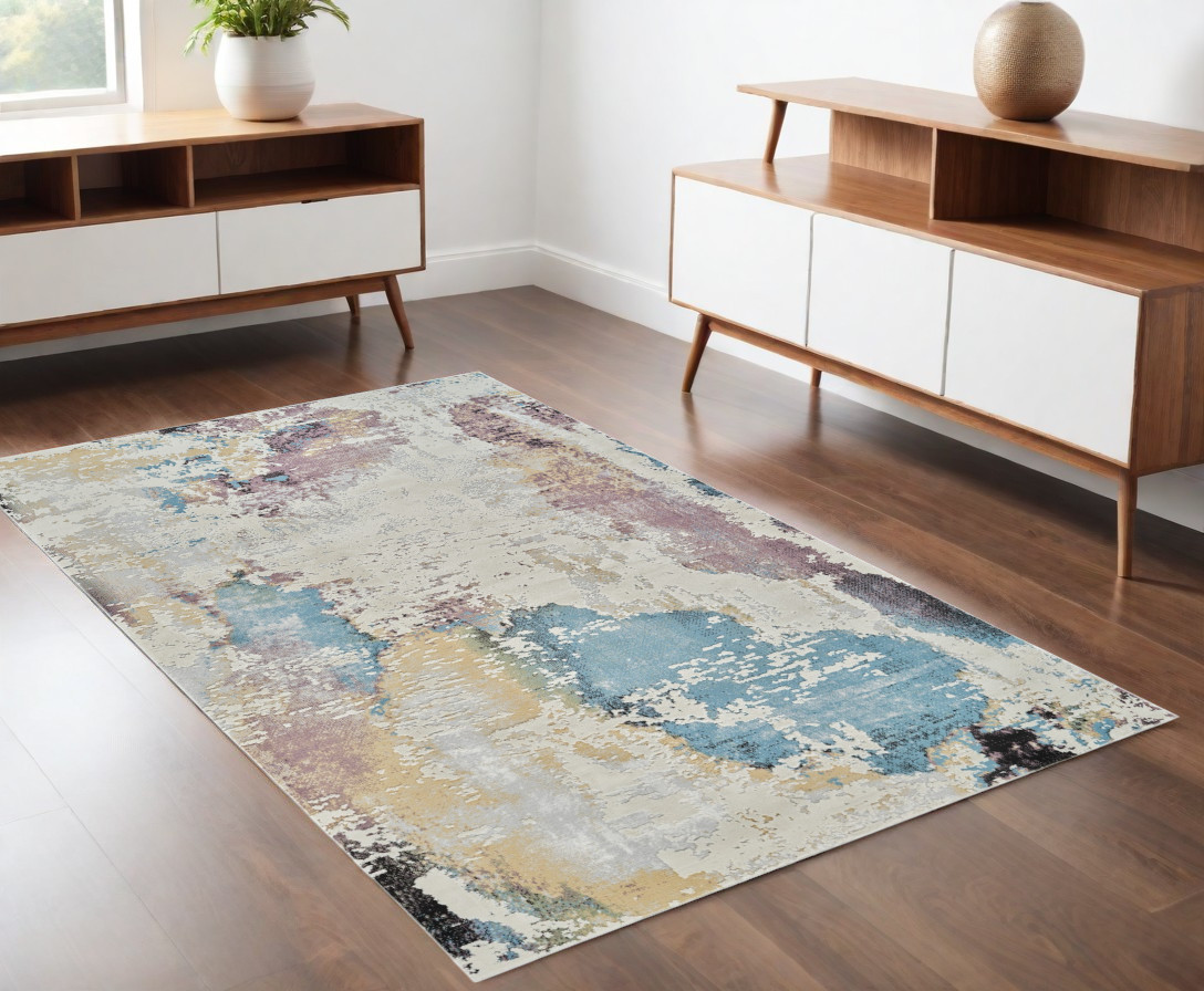 4" X 6" Beige and Blue Abstract Distressed Area Rug